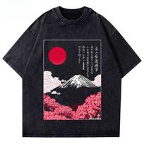 2026 Hot Sale Mount Fuji Cherry Blossoms Prints Washed T-Shirts Men Women Cotton Short Sleeve Tops Summer O-Neck Oversized T Shirt Basic Tee L