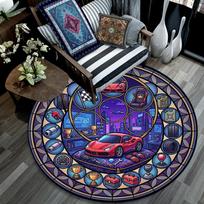 Auto Icons Round Area Rug Under Office Chairs Bedroom Living Room Home Decor 80cm x 80cm