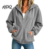 Relaxed Fit Fleece Women’s Quarter Zip Hoodie Oversized Loose Long Sleeve Sweatshirt with Versatile Layering Top Drawstring Hood Kangaroo Pockets, M pilka