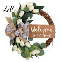 American Pastoral Door Decor 15 Inches Artificial Tulips Bowknot Wreath with Welcome Sign for Front Door Green Country Style Leaf Wreath Spring