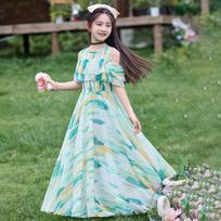 Girls Princess Long Chiffon A Line Dress Kids Casual Summer Beach Dress 120cm žalia
