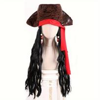 Stage Performance Pirate Hat Black Long Cosplay Wig Fashion Captain Cos Wig  Halloween as picture