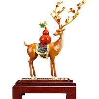 Aris & Juno Feng Shui Wealth Deer Statue, Copper Sculpture with Gourd & Plum Blossom, Chinese Lucky Charm for Home Office Decor, Prosperity Ornament, Amber Crackle Finish