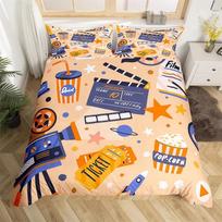 Movie Time Duvet Cover Set Cartoon Popcorn Bedding Set Microfiber Film Pattern Comforter Cover Home Theater Decor Queen Bed Set 135x200cm