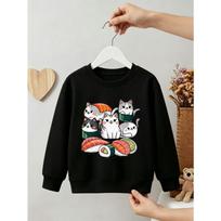 Kids Unisex Crewneck Sweatshirt, Cute Sushi Cat Cartoon Print Light Heather Gray Soft Fleece Pullover 110 juoda