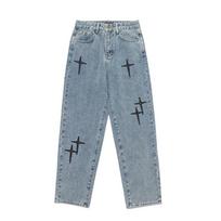 Wide Leg Cargo Pants Cross Embroidery Streetwear Baggy Men Jeans 2023 Spring Autumn Men Korean Fashion Loose Straight Male Cloth M mėlyna