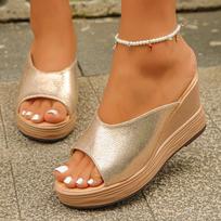 Fashion 2025 New Gold Wedge Heeled Sandals Women Lightweight Thick Bottom Summer Sandals Woman Plus Size Platform Beach Sandles Female 35 auksas