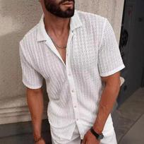 Summer Fashion Polo-neck Hollow Out Casual Fashion Shirt Male Short Sleeve Solid All-match Cardigan Top Men S balta