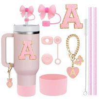 10PCS Accessories Set for Stanley Cup, 2 Straw and Brush and 1 Flower Charm Chain 3 Spill Proof Stopper Flowers Straw Cover Boot