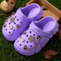 Girls' 3D Floral & Chain Decor Clogs, Platform Soft Sole Closed Toe EVA Home Garden Clog Shoes, Breathable Beach Sandals 3057 30