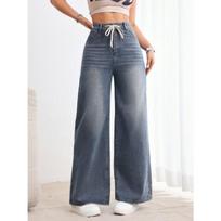 TEMU American Retro Wide-leg Jeans Women's Washed Drawstring High Waist Loose Droop Straight M