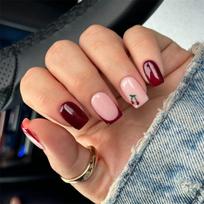 Short Square French Manicure Nail Cherrys Red Design ABS Material Easy To Apply 1