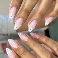 Almond French Stick on Nail Floral Press on Nail Short Acrylic Nail Flower False Nail for Women and Girls 24PCS 1