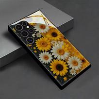 Aukščiausios kokybės grūdinto stiklo telefono dėklas, skirtas Galaxy S26 S21 S22 S23 S24 S25 FE Ultra Plus. Šviežios ramunės saulėgrąžos. For Galaxy S26