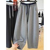 Patchwork Drawstring High Waist Wide Leg Pants for Women Spring and Autumn Curved Hem Trousers M šviesiai pilka spalva