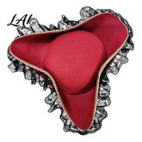 Captain Hat Halloween Pirate Hat Costume Accessory with Burgundy Lace Photo Prop And Feathered Decor Lightweight Vintage Style Buccaneer Cap Retro A