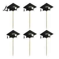 High-end Texture Cake Topper 6 Pcs Graduation Toppers Mini Grad Cap Cupcake Black Glitter Food Appetizer Picks for Class of 2026 Party Supplies Stiff