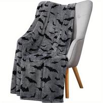 Juodas ir pilkas Helovino pledas - Šikšnosparniai ant aksominio minkšto vilnos, Ypač didelis 70 x50  nesipūkuojantis flanelinis pledas Size: 75*100cm, Weight: 230 GSM gray