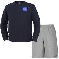 Nasa Unisex Loose Fit Sweatshirt With Wappen + Knee-Length Cotton Shorts Set [Navy + Light Melange] 100