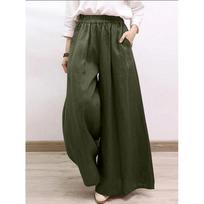 Womens Cotton Wide Leg Pants Casual Loose Fit Trousers L Waist Polyester Blend Summer Faion Mid-aged Women S armijos žalia spalva