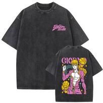 Washed Vintage Anime Jojo's Bizarre Adventure Giorno Giovanna Graphic T Shirt Men Women Manga Streetwear Fashion Trend T-shirts S įvairiaspalvis