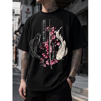Men's Japanese Koi Fish And Katana Graphic T-Shirt, Oversized Short Sleeve Crewneck Tee With Cherry Blossom Print For Streetwear S juoda