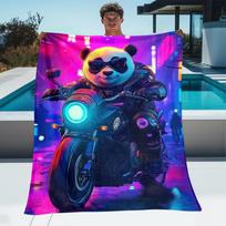 Panda riding motorcycle neon cyberpunk style flannel blanket cool animal design throw blanket gift for men bike lovers Size: 75*100cm, Weight: 230 GSM