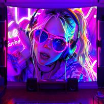Cyber Neon Girl UV Tapestry Black Light Light Trendy Cool Printing Hanging Cloth Room Decoration 100X70CM