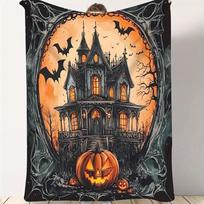 Mid Century Horror-Themed Flannel Throw Blanket - Soft Digital Print Polyester Halloween Castle Design Warm Plush Couch Bedding Size: 75*100cm, Weight: 230 GSM