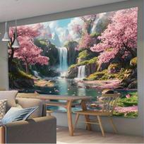 Japoninio vyšnios medžio ir krioklio kraštovaizdžio gobelenas - Poliesterio sienos dekoracija svetainei, miegamajam ir biurui 100X70CM