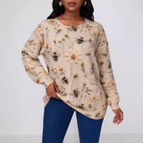 Autumn and winter new sweater bee print large size women's top European and American autumn casual loose shirt 0XL abrikosas