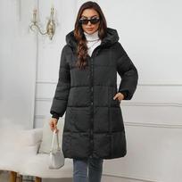 MIEGOFCE Ilga dygsniuota striukė su užtrauktuku užtraukiamu gobtuvu Moteriška dygsniuota lengva striukė, vėjui atsparus paltas rudens žiemos parkas W1836 S juoda