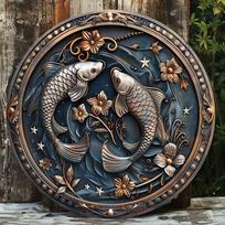 Žuvų Zodiako ženklas, Apvalus medinis sienos menas, Patvari apsaugota medinė dekoracija vidaus ir lauko erdvėms, Dekoratyvinis sienos plakatas 20x20cm 7.87x7.87in