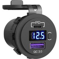 USB C Car Charger Socket 12V/24V Dual USB Socket PD3.0 and QC3.0 Car USB Port with LED Voltmeter and On/Off Switch mėlyna