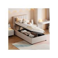 Lit d'enfant - MUVOE - 90x200 cm - Beige - Rangement hydraulique - Tissu en lin doux smėlis