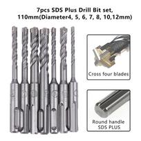 7Pcs Sds Plus Drill Bit Concrete Drill Bit Kit 110Mm (Diameter4, 5, 6, 7, 8, 10,12Mm)Hammer Drill Bit With 4 Cutting Edges