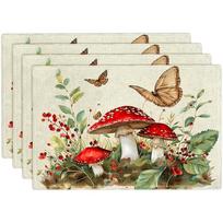 Vandeniniais dažais raudonų grybų miško drugelių staltiesėlė lininė neslystanti stalo servetėlė namų virtuvės valgomojo dekoravimui dovana 6Pcs-30X45cm(12X18in beige