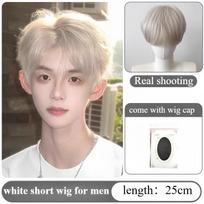 Balti Perukai vyrui Trumpi Plaukai Perukai su Kirpčiukais Sissy Aukštos Temperatūros Pluoštai Sintetiniai Perukai Cosplay Kasdieniam Naudojimui Užsidėk ir Eik (WHITE,1pc) balta