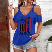Women Cold Shoulder T Shirt Tie Strap Short Sleeve Casual Graphic Tee 1776 Flag Print Independence Day Top 250 Years 2026 L mėlyna