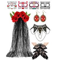 Rose Halloween Costume Accessories Set - Temporary Earrings Necklace Gloves for Women Party One Size juoda