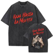 Washed Vintage Rapper Anuel AA Real Hasta La Muerte Graphic T Shirt Men Women Hip Hop Fashion Street Oversized Crewneck T-shirt S įvairiaspalvis