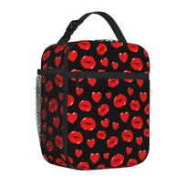 Red Lips Love Kiss Print Insulated Lunch Bag for Women Reusable Waterproof Thermal Bento Tote Bags for Work Travel Beach Picnic One Size