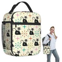 Mid Century Black Atomic Cat With Starbursts Insulated Lunch Bag for Women Kids Leakproof Food Boxes Thermal Lunch Box Tote One Size