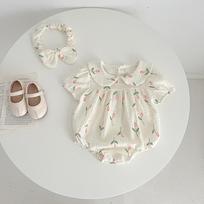Baby Girls Short Sleeve Tulip Romper Two Piece Summer Crawling Jumpsuit Set 66cm smėlis