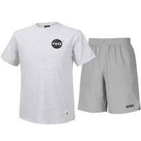 Nasa Unisex Cotton Blend Training T-Shirt + Woven Knee-Length Shorts Set [Melange White + Light Gray] 110