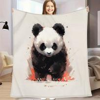 1pc Watercolor Panda Flannel Blanket - Soft & Cozy All-Season Luxury Bedspread, Contemporary & Panda Design with Red Spla Size: 75*100cm, Weight: 230 GSM