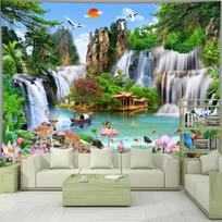 Beautiful Pavilion, Waterfall, Feng Shui Landscape, Tapestry, Polyester Fiber, Living Room Bedroom Office Wall Mounted 100X70CM