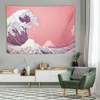 Japanese Ukiyo-e Wave Tapestry, Pink Mount Fuji Wall Hanging for Bedroom Dorm Living Room Decor 100X70CM
