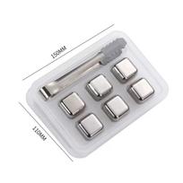 304 Stainless Steel Ice Cube Square Frozen Stainless Steel Ice Granule Set Round Ice Hockey Whiskey Ice Wine Stone silver 6-pack with silicone clips