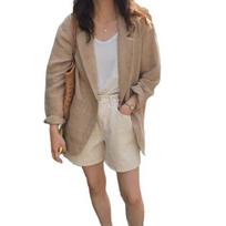 Women's Casual One Button Cotton Linen Blazer Long Sleeve Suit Coat S chaki